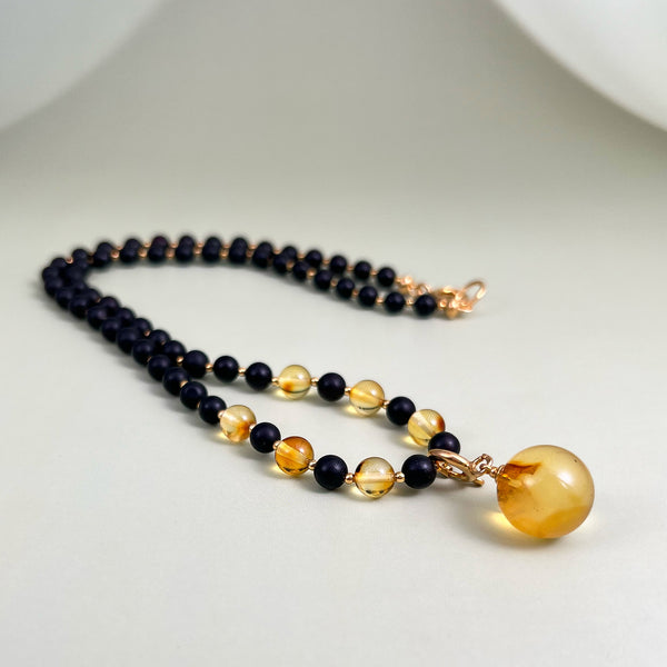 Gintaro vėrinys 52.5cm, auksuotas sidabras 925 "Šviesos šaltinis"