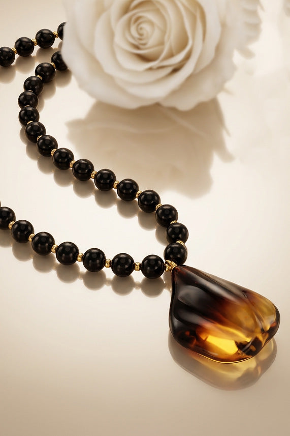 Amber necklace 51cm, gold-plated silver 925 "Bellum dandelion"