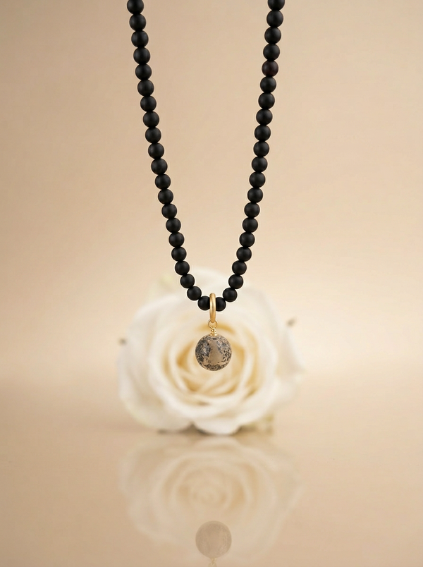 Black matte amber necklace 43cm "World"