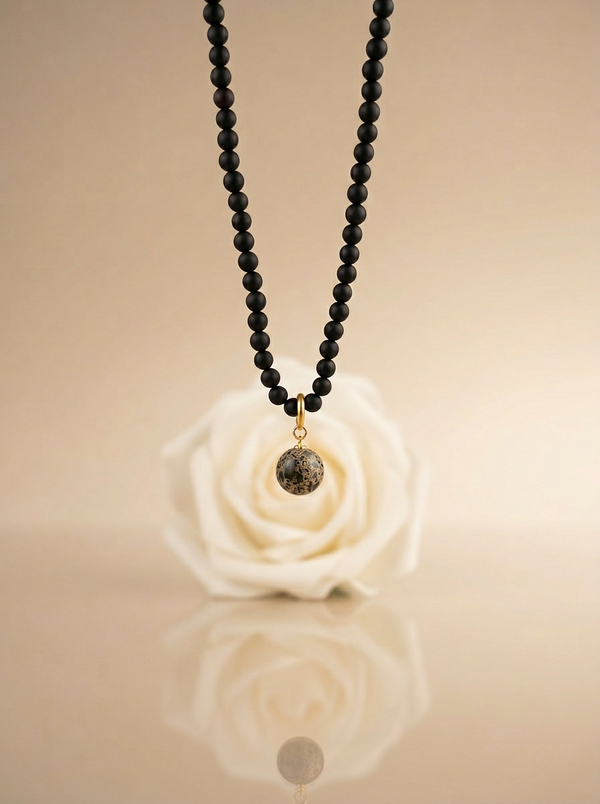 Black matte amber necklace 43cm "World"