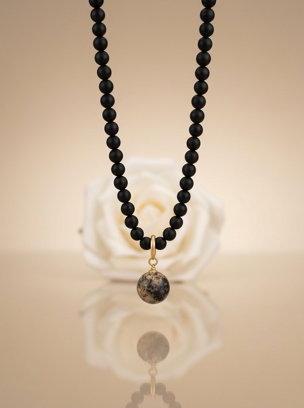 Black matte amber necklace 43cm "World"