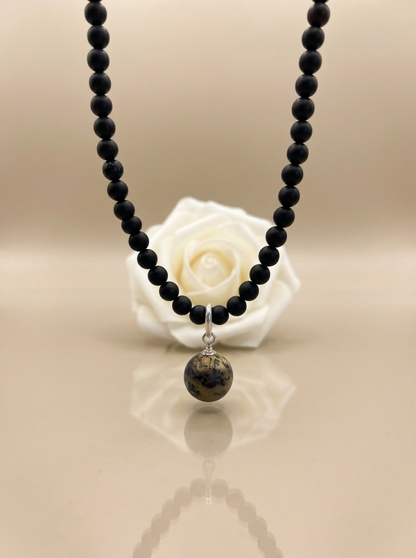 Black matte amber necklace 43cm "World"