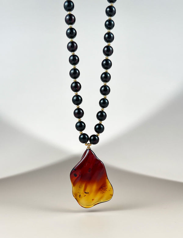 Gintaro vėrinys 52cm, auksuotas sidabras 925 "Ugninga siela"