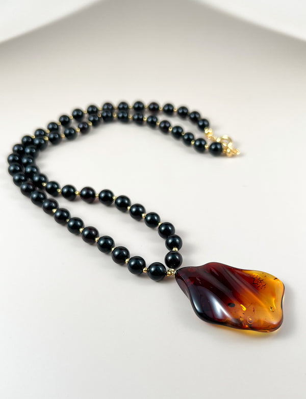 Gintaro vėrinys 52cm, auksuotas sidabras 925 "Ugninga siela"