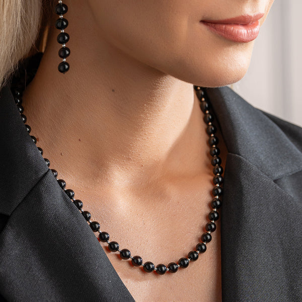 Juodas gintaro vėrinys 48cm, auksuotas sidabras 925 "Cherry Focus"