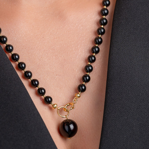 Juodas gintaro vėrinys 52cm, auksuotas sidabras 925 "Cherry Elegance"