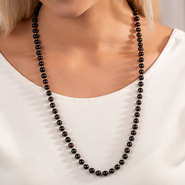 Juodas gintaro vėrinys 70cm, auksuotas sidabras 925 "Cherry Grace"