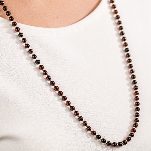 Juodas gintaro vėrinys 70cm, auksuotas sidabras 925 "Cherry Line"